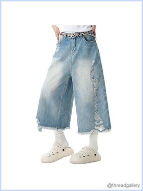 Cropped Denim Bermuda Shorts Y2K Vintage High Waisted Baggy Ripped Fringe Capri